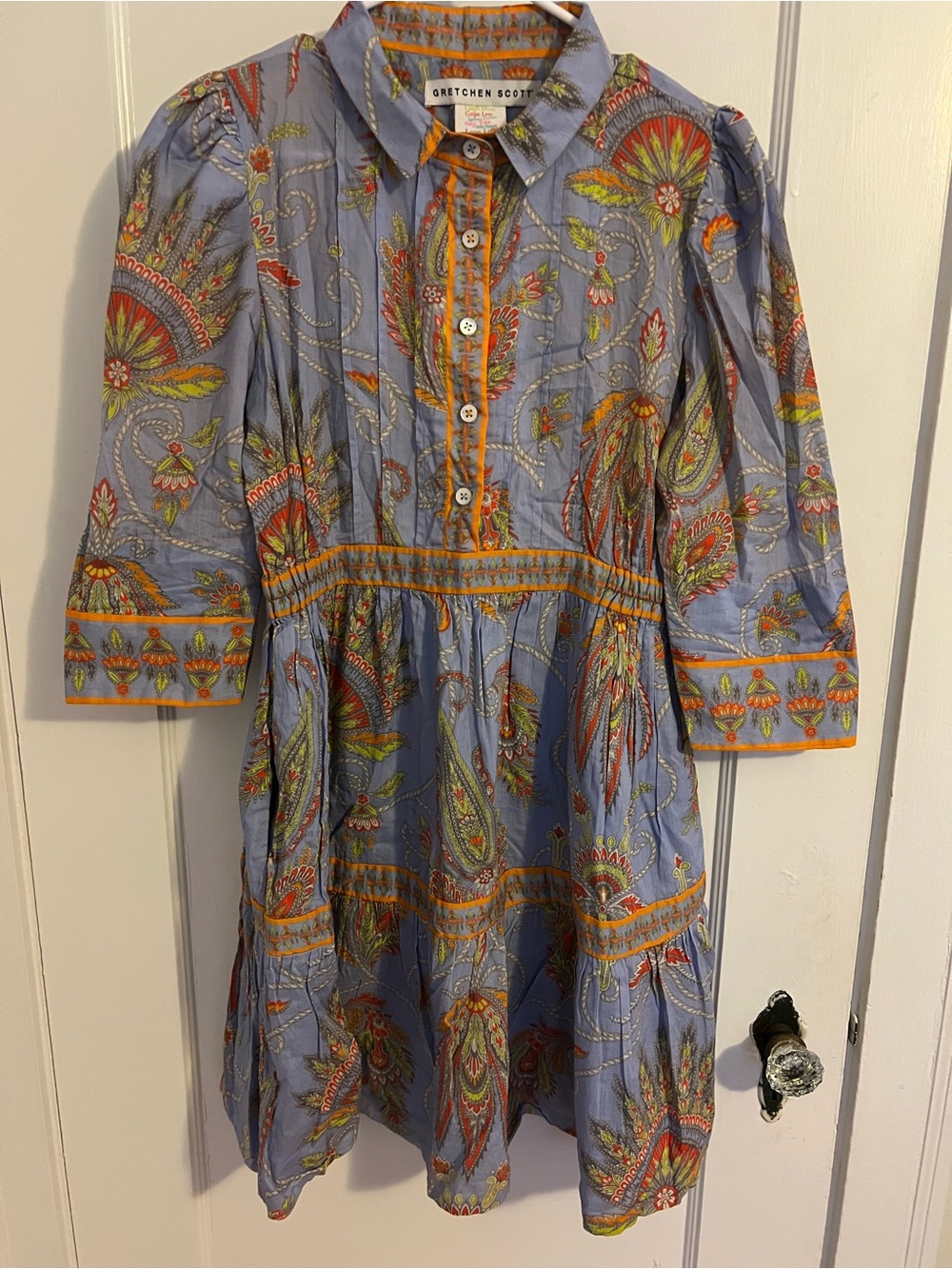 Gretchen Scott Designs Button-Up Shirt in Light Blue with Orange Accents